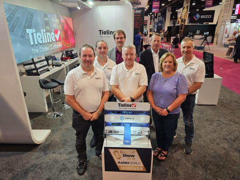 The Tieline team at NAB2023 with the MPX II codec and awards